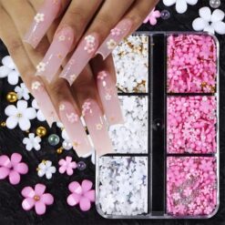 6 lưới trang trí nghệ thuật làm móng hoa Acrylic 3D kích thước hỗn hợp Hoa nhựa với hạt và pha lê
